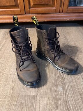 Dr. Martens Brown Leather 8-Eye Lace-Up Combat Boots with Yellow Stitching